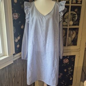 SHEIN Blue and White Vertical Stripe Dress with Ruffle Shoulders NWOT